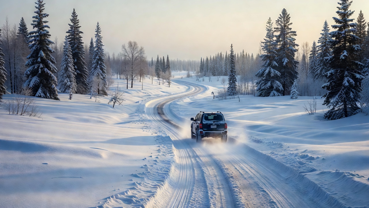 Car driving on snow covered road in winter