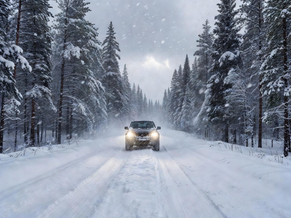 Car driving on snowy road highlighting seasonal conditions
