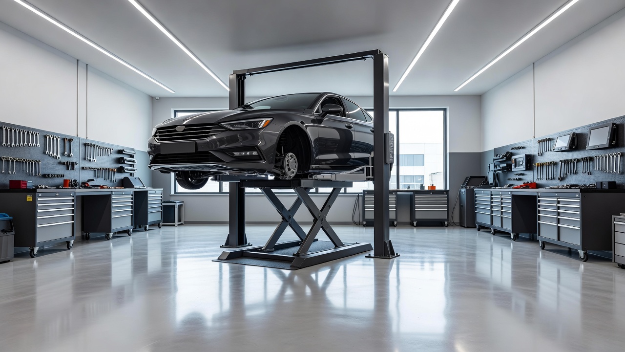 Clean automotive workshop interior with vehicle on lift