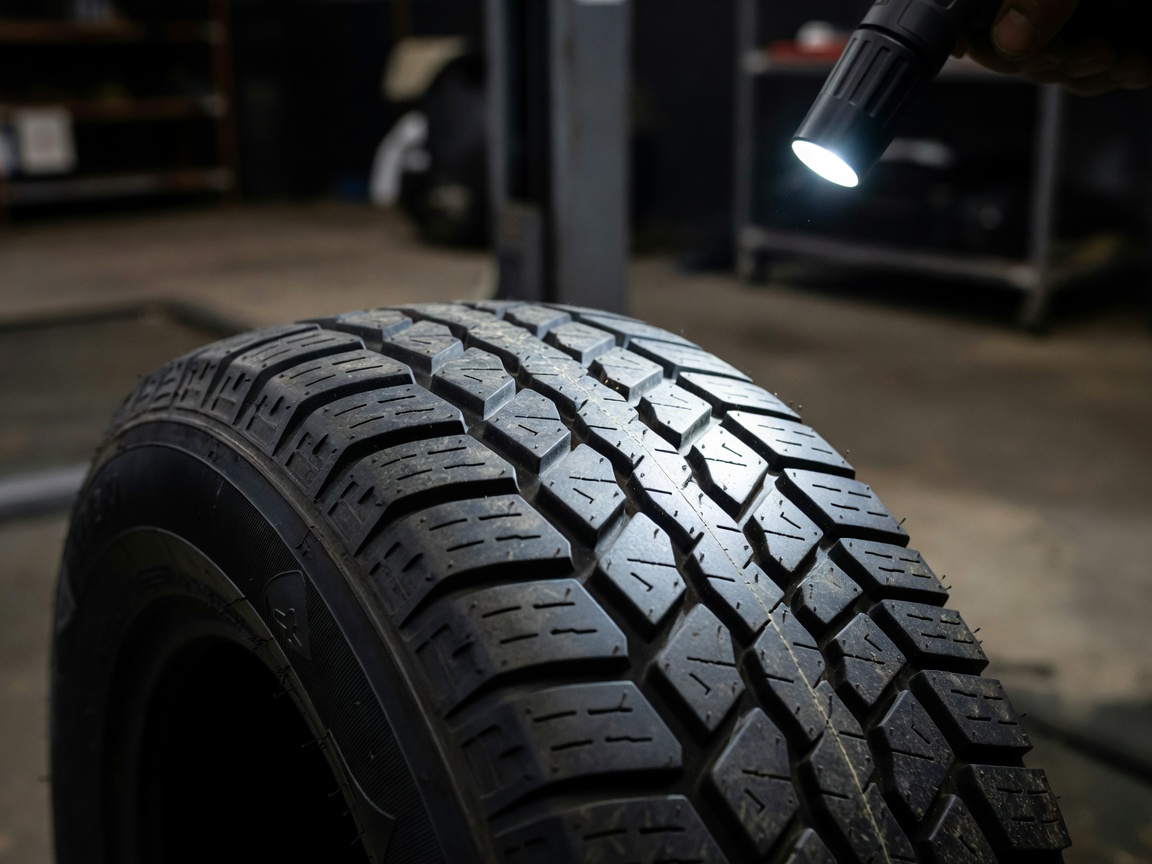 Close up of vehicle tyre tread inspection