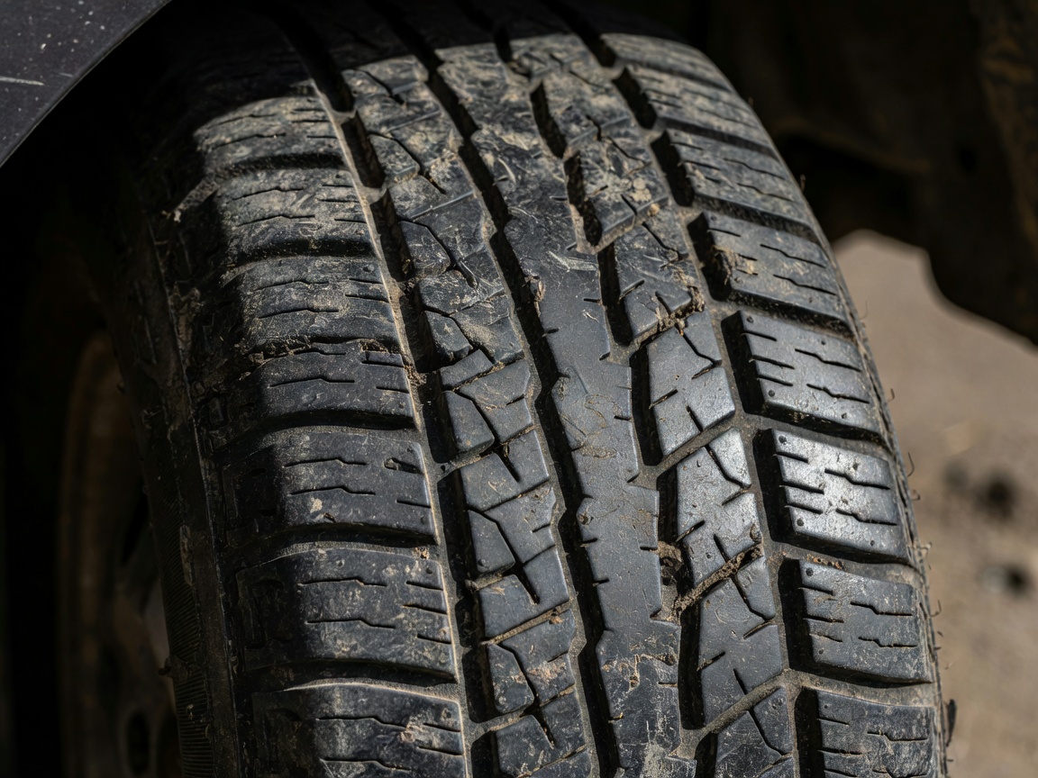 Close up photograph of a dirty car tyre showing tread depth