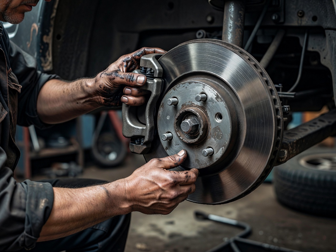 Mechanic hands inspecting a brake caliper and disc