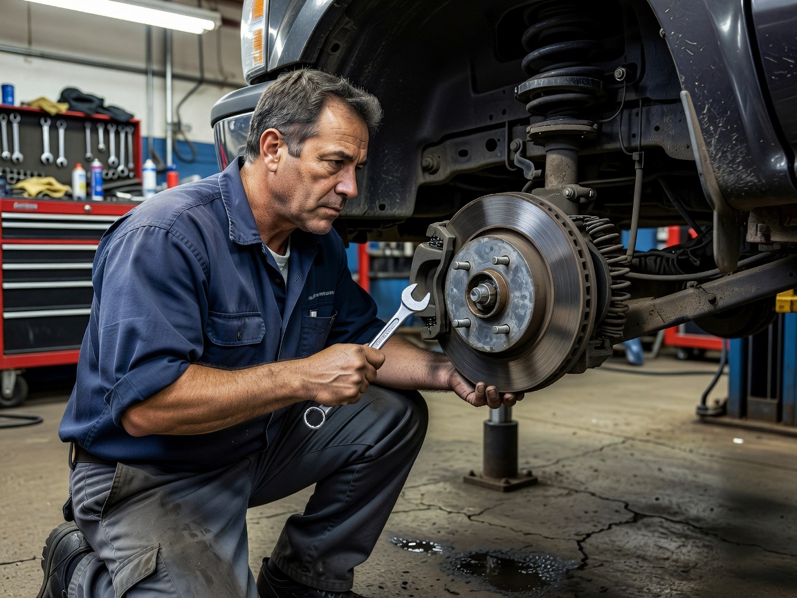 Mechanic inspecting a vehicle brake assembly