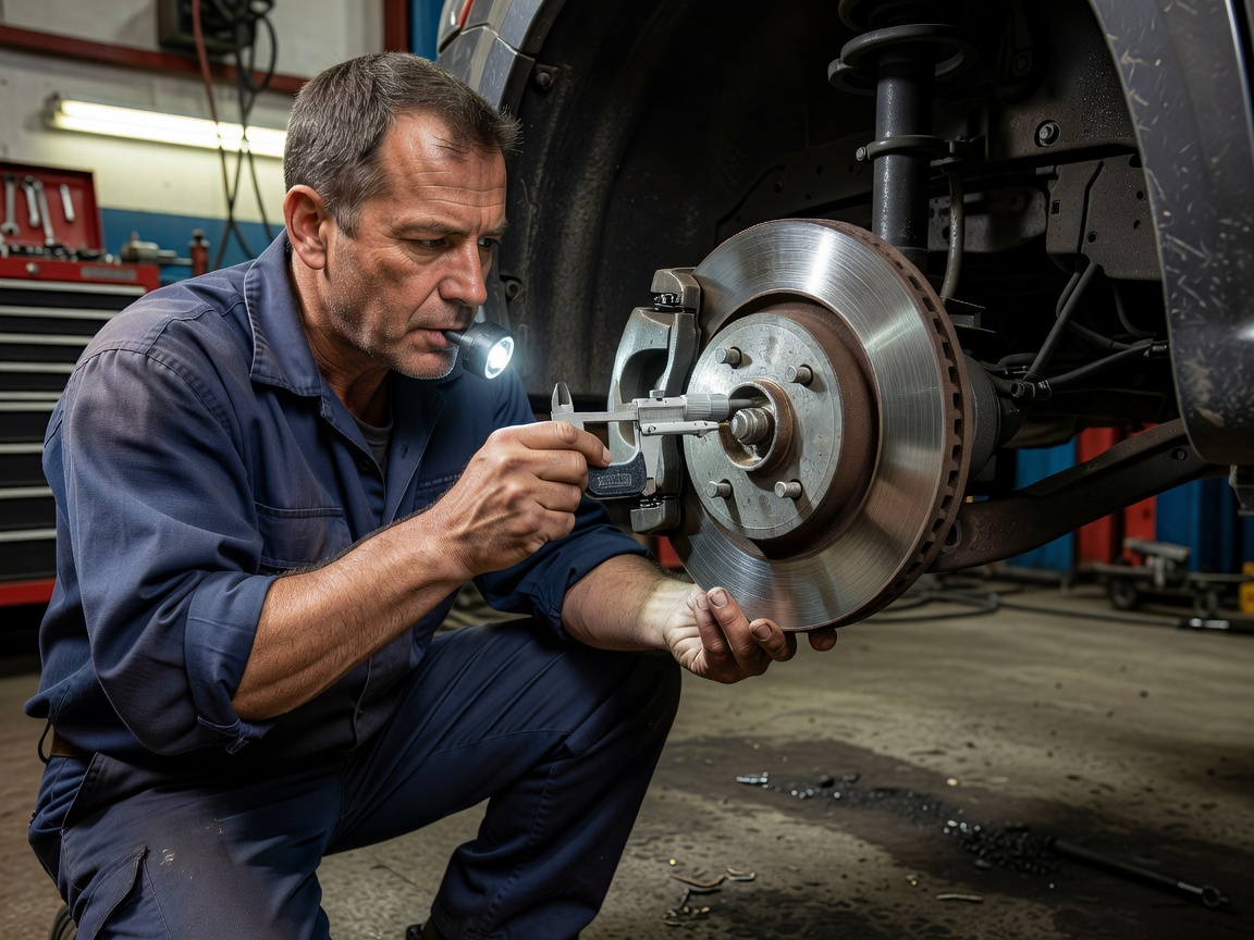 Mechanic inspecting disc brake rotor and caliper