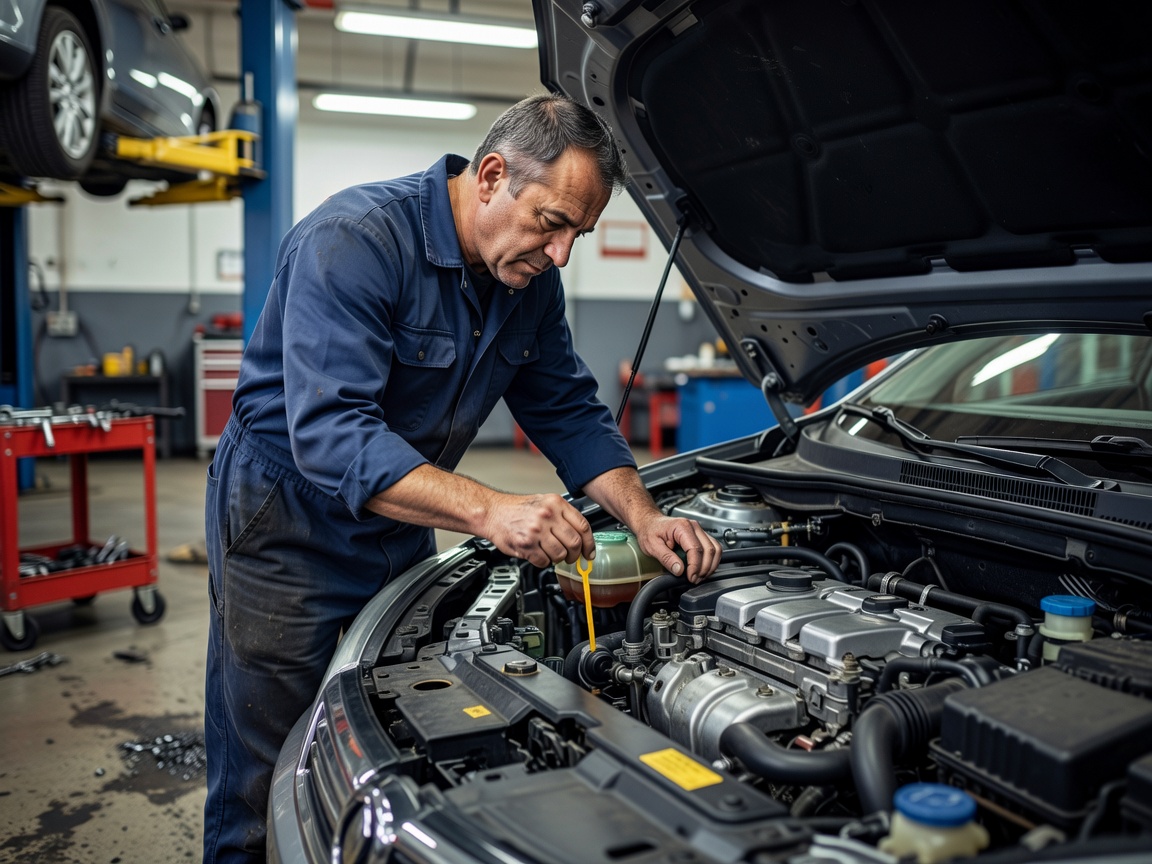 Technician checking engine oil during a routine vehicle service