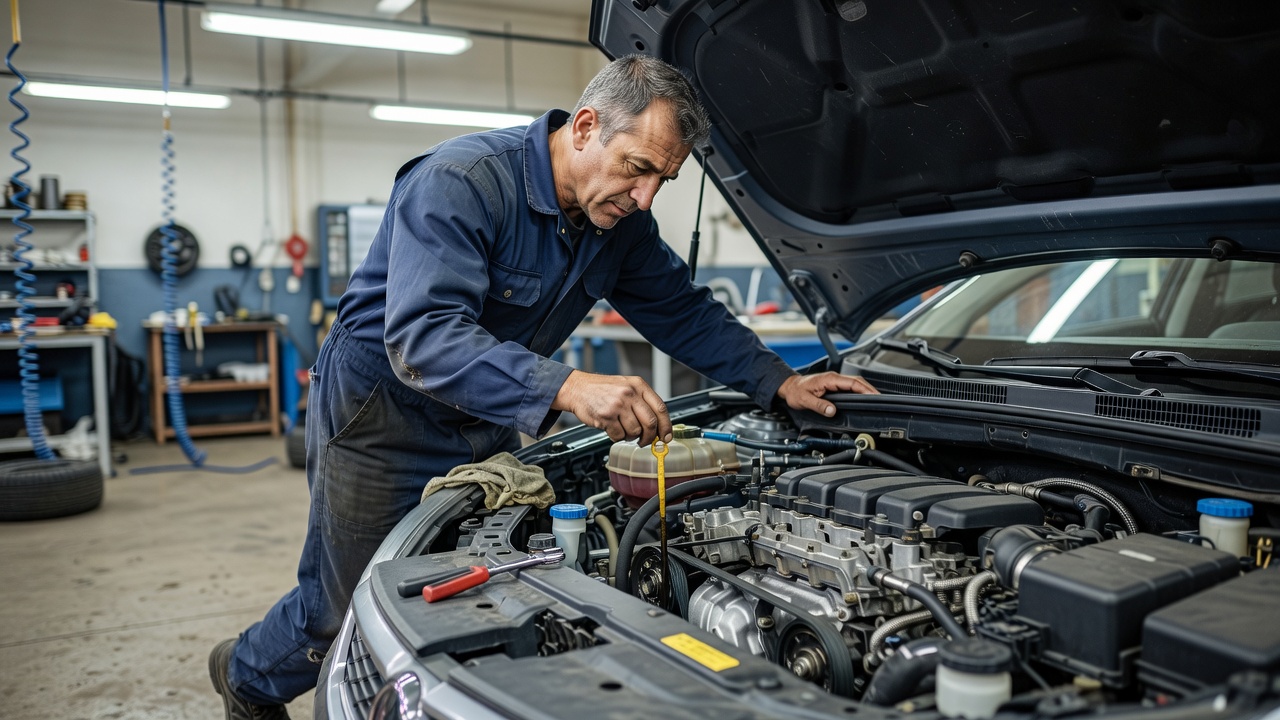 Technician checking engine oil