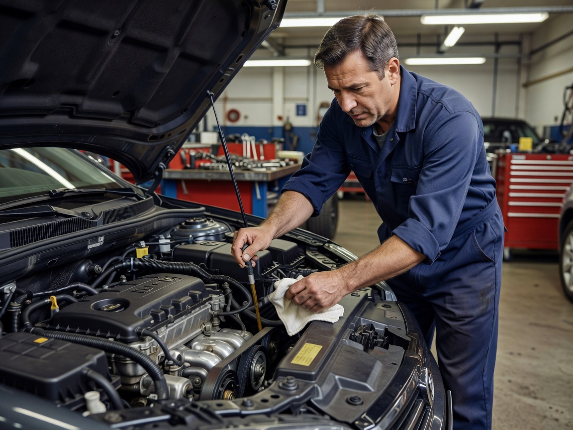 Technician checking oil level during routine service
