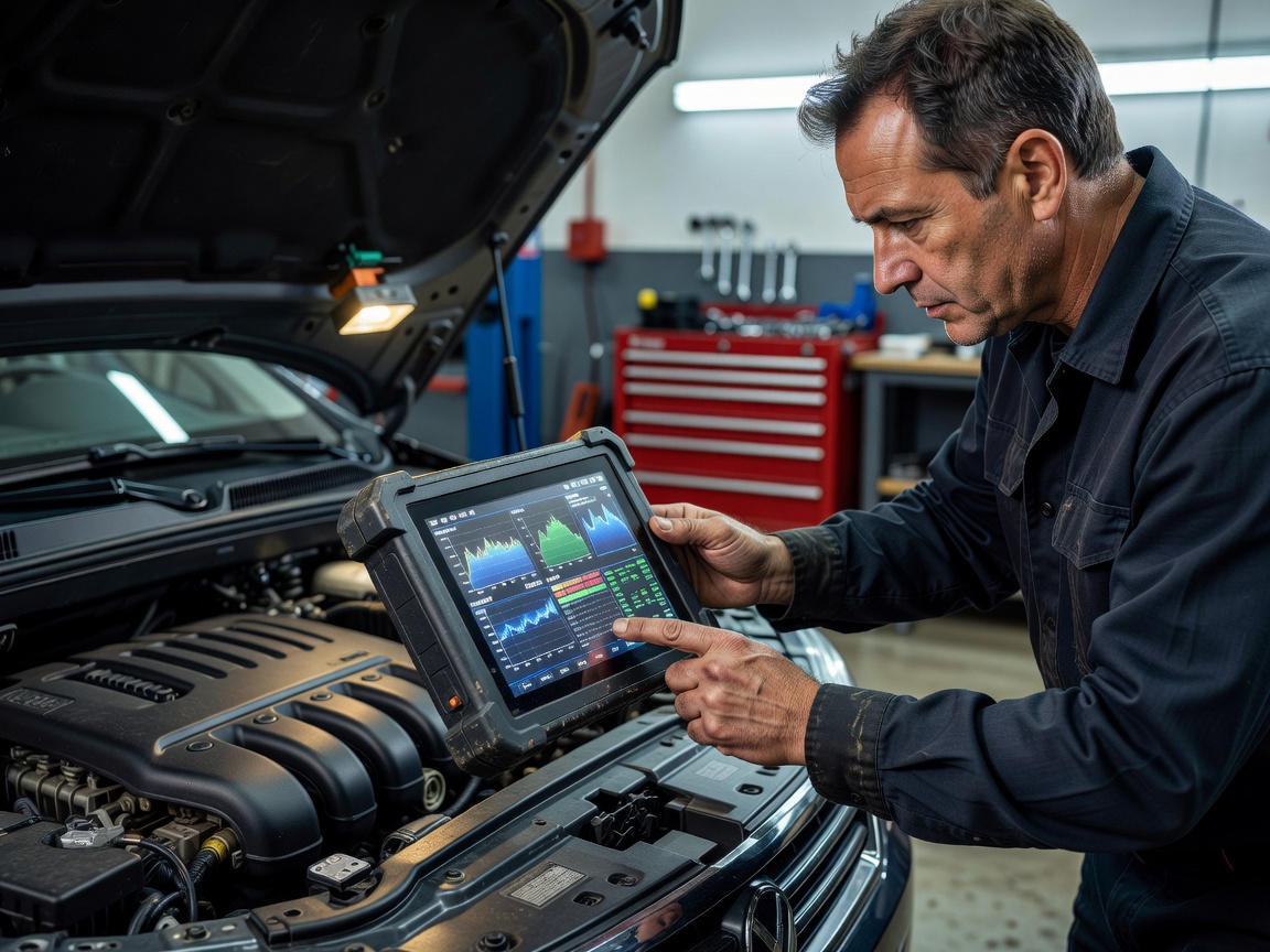 Technician reviewing codes on an automotive diagnostic scanner