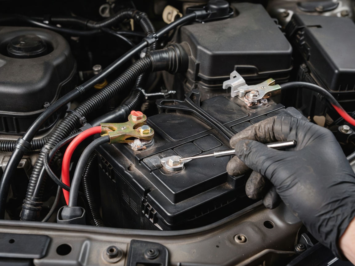 Vehicle battery terminals being inspected in engine bay