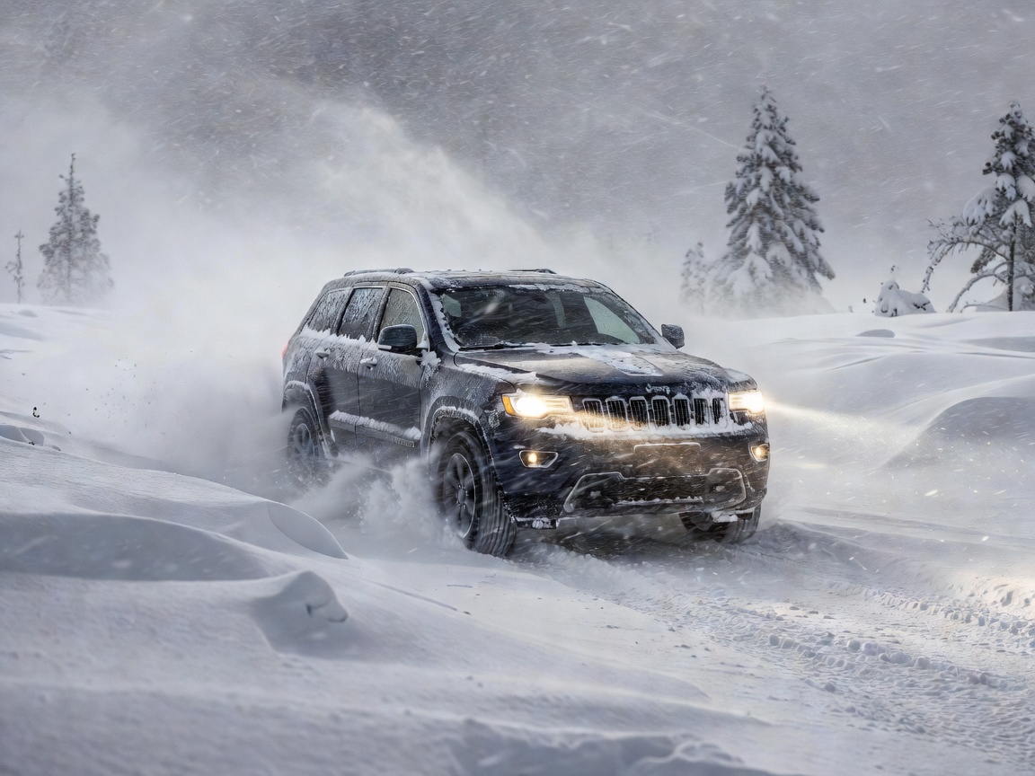 Vehicle driving in harsh winter snow conditions