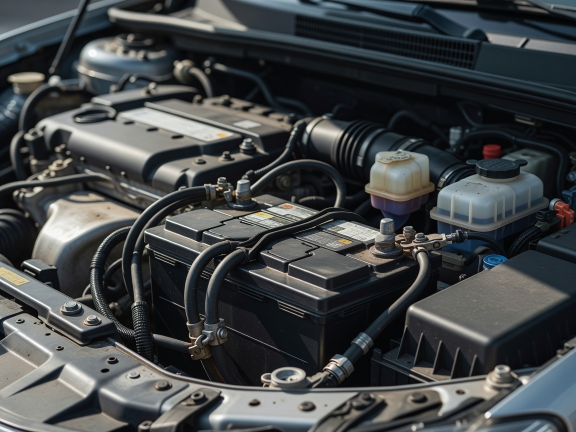 View of a vehicle battery installed in an engine compartment